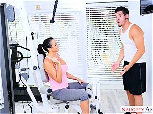 Reagan Foxx finds a fat sausage to ride in the gym